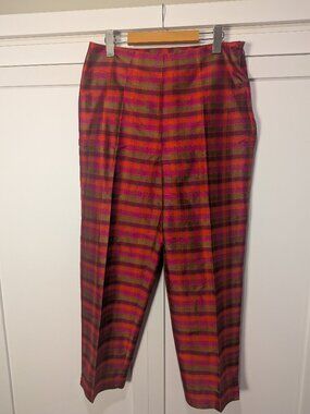 100% Silk Plaid Tailored Statement Pants Sz 10